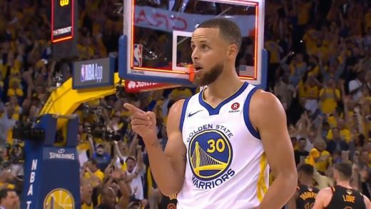 Stephen Curry Launches Deep 3-Pointer in Game 1 of NBA Finals