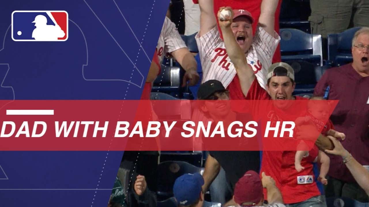 Dad Catches Maikel Franco Home Run Ball with a Baby on Board